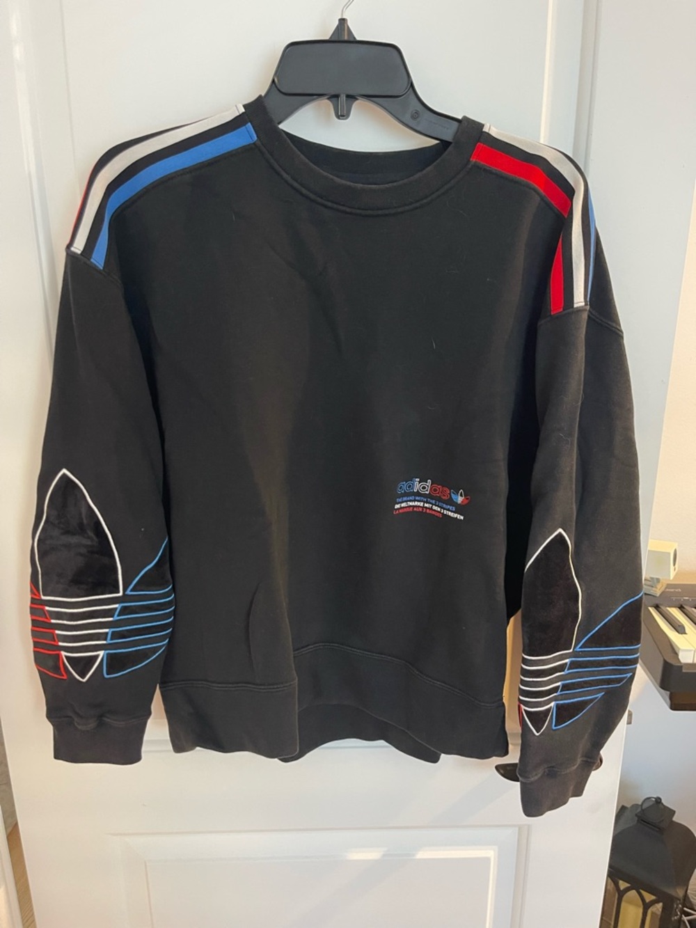Adidas Black Crewneck Sweatshirt with Red & Blue Velvet Accents